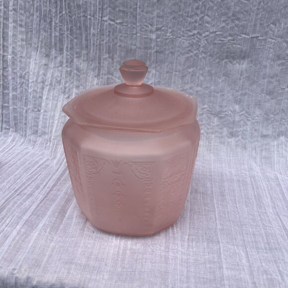 Vintage Pink Satin Depression Glass Frosted Princess Cookie Biscuit Jar With Lid - Picture 2 of 13